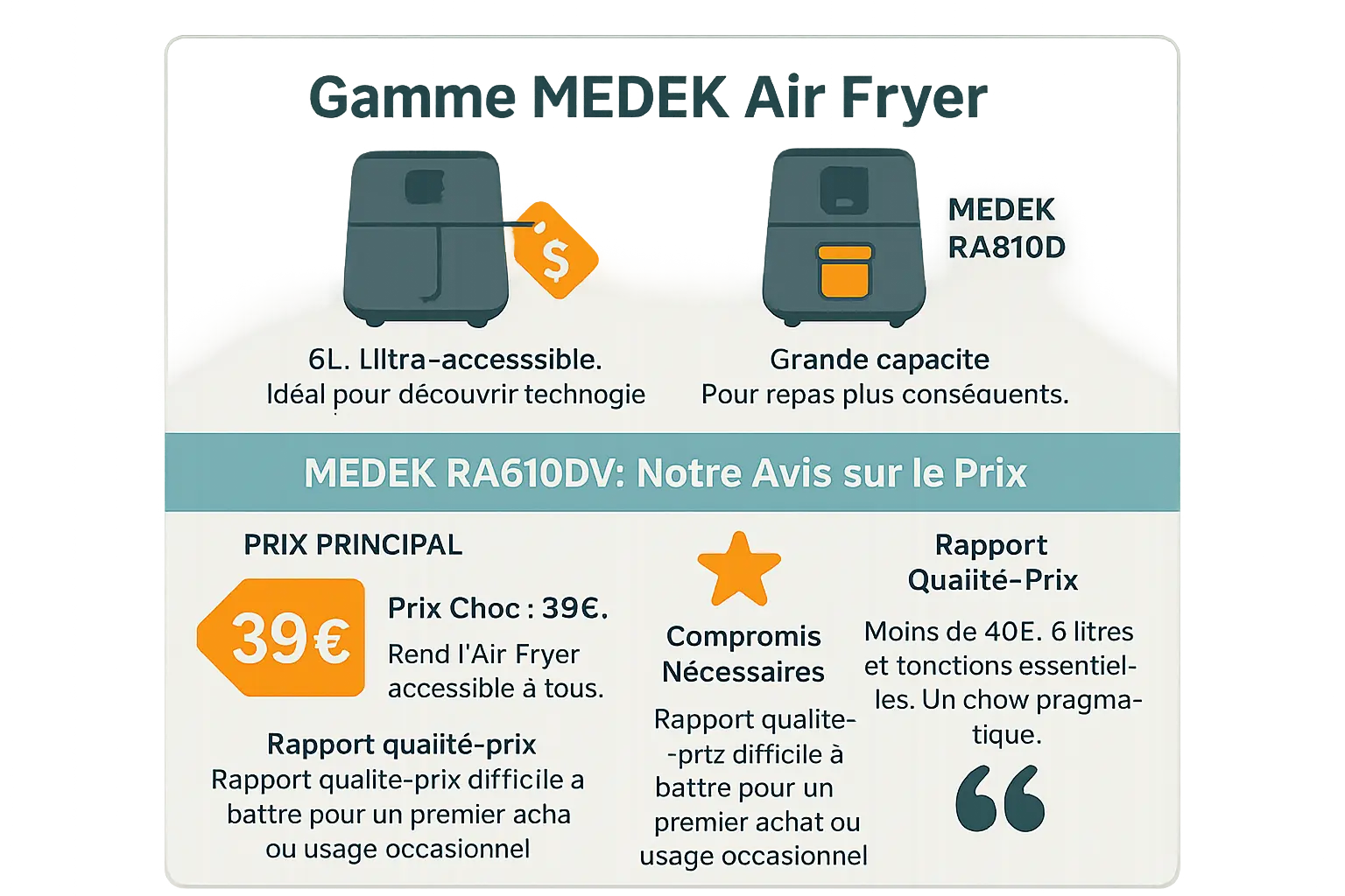 <strong>Comparaison des modèles de la gamme MEDEK air fryer</strong> » /></p>
<h2>L’Air Fryer MEDEK 6L RA610DV : pour qui ?</h2>
<p>L’Air Fryer MEDEK 6L RA610DV facilite l’adoption de la cuisson sans huile. À 39€, sa capacité de 6 litres et ses fonctionnalités basiques en font <strong>une solution abordable pour les débutants, les familles économes</strong> et les utilisateurs occasionnels.</p>
<h3>Pour les novices et les curieux</h3>
<p>Ses 7 programmes automatiques (frites, viande, poisson) et son interface tactile simplifient l’initiation. <a href=
