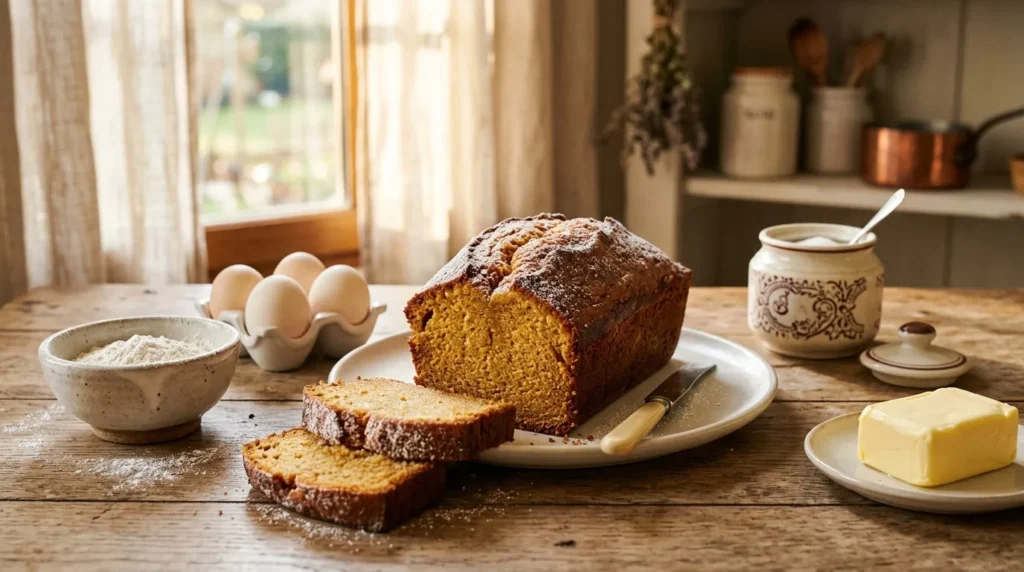 Gâteau tranché, œufs, farine, beurre et confiture sur table bois