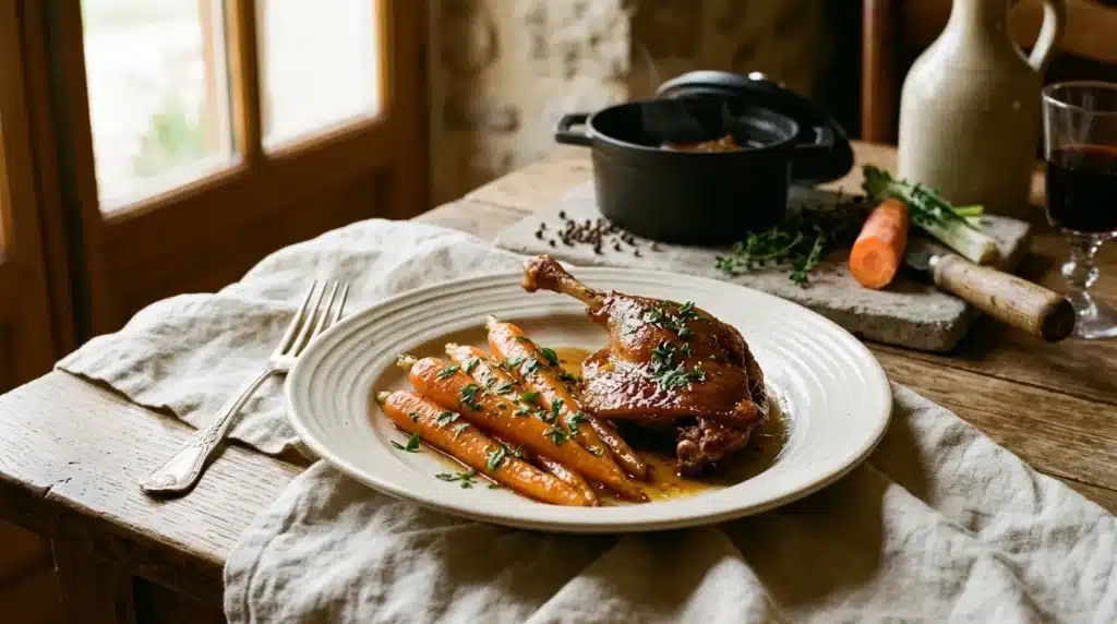 Assiette de canard rôti garni de carottes et herbes fraîches