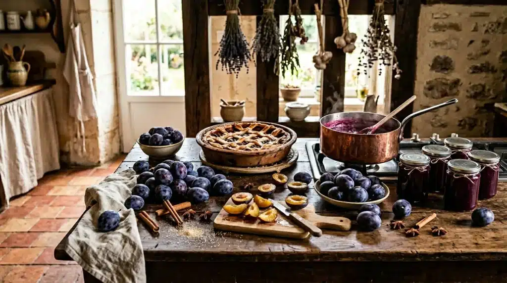 Table de cuisine avec prunes, tartes et confiture maison
