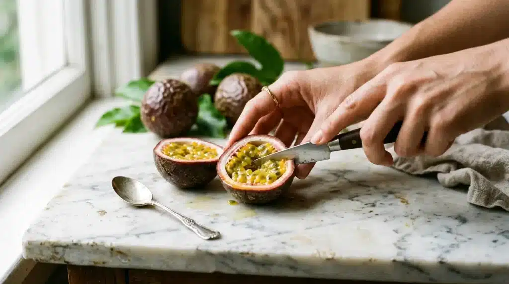 Mains préparant des fruits de la passion sur plan de travail marbre