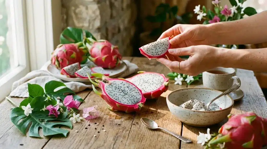 Mains tenant fruit du dragon tranché, table rustique avec fleurs