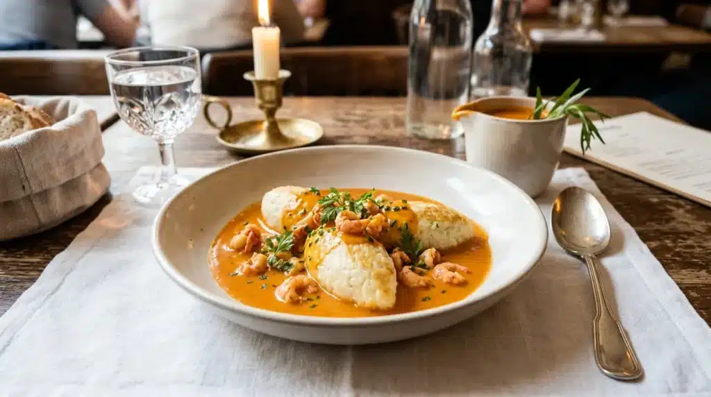 Assiette de gnocchis à la sauce orange avec noix et herbes fraîches