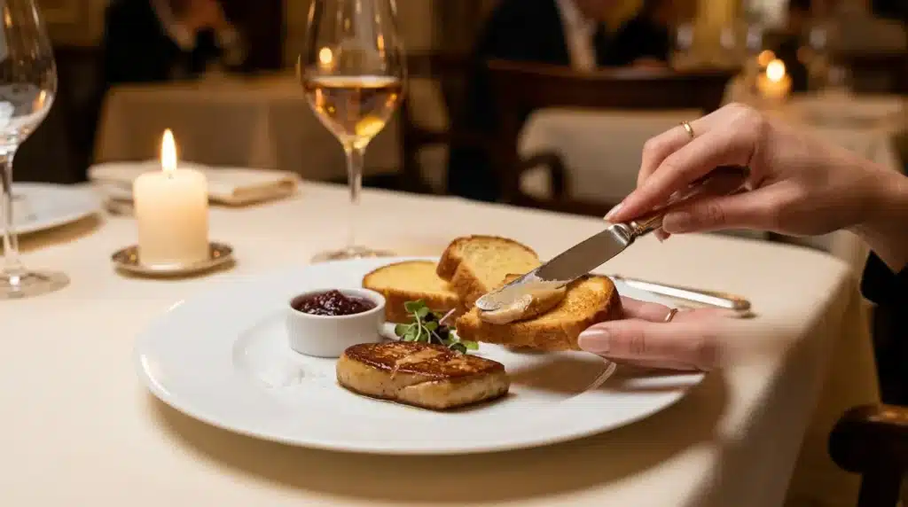 Personne mangeant foie gras lors d'un repas raffiné
