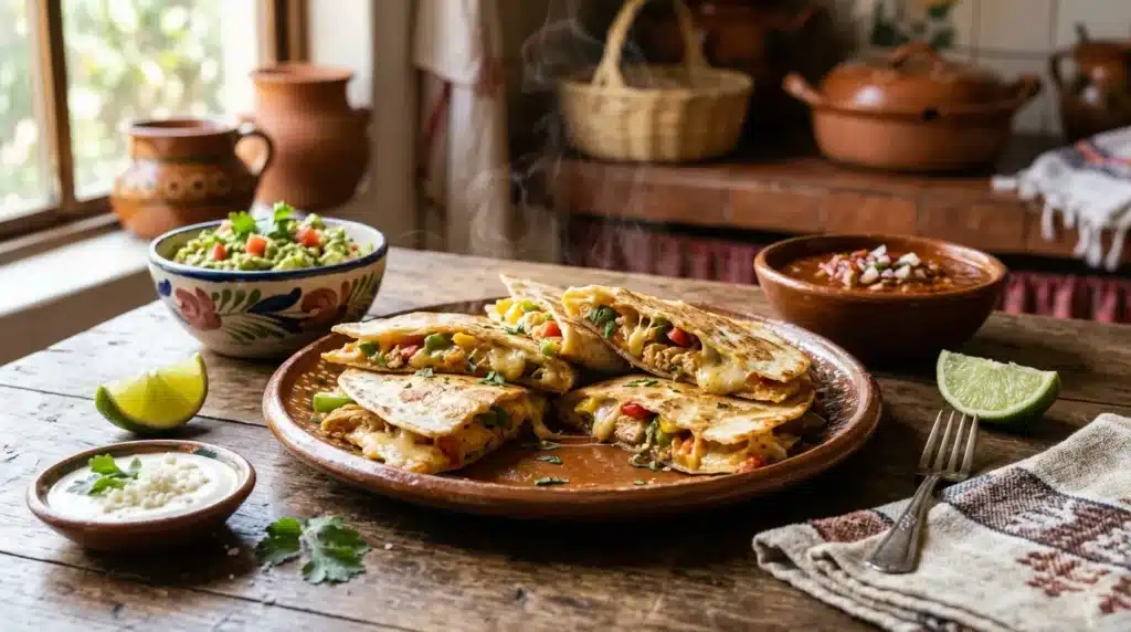 Assiette de enchiladas avec sauce, accompagnements et décor rustique mexicain