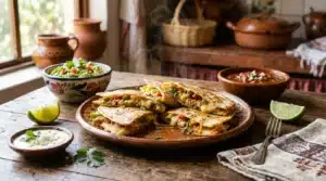 Assiette de enchiladas avec sauce, accompagnements et décor rustique mexicain