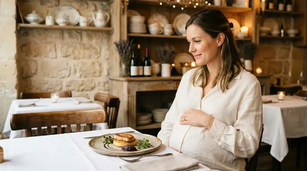 Femme enceinte dégustant un plat raffiné dans un restaurant élégant