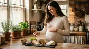 Femme enceinte souriante préparant aliments nutritifs en cuisine