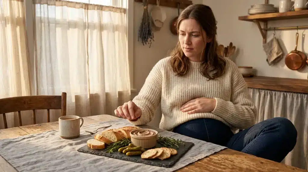 Femme en pull beige dégustant un plateau de fromage et crackers à table