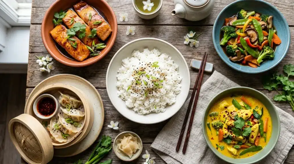 Repas asiatique avec riz, poisson, curry et dumplings