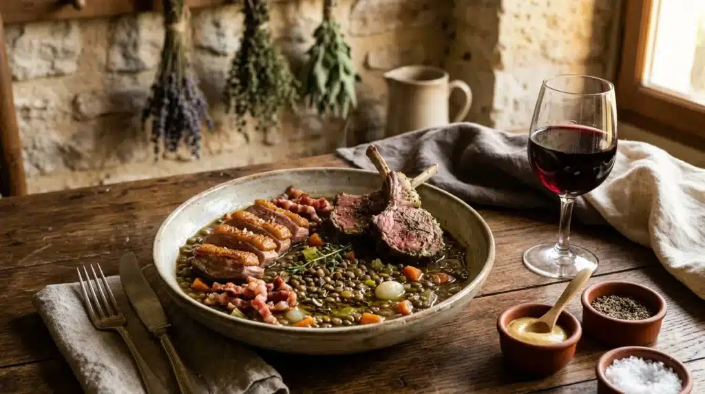 Assiette de viande et légumes avec verre de vin rouge.