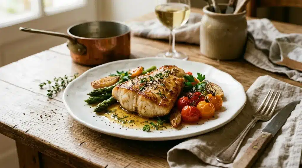Assiette de poisson cuit avec asperges, tomates et herbes fraîches
