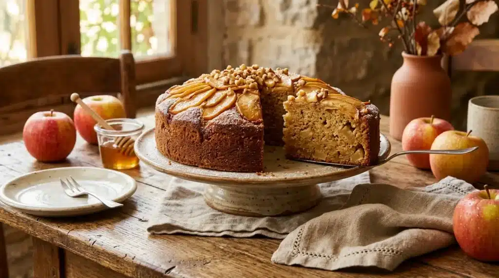 Gâteau aux pommes tranché sur table avec pommes fraîches