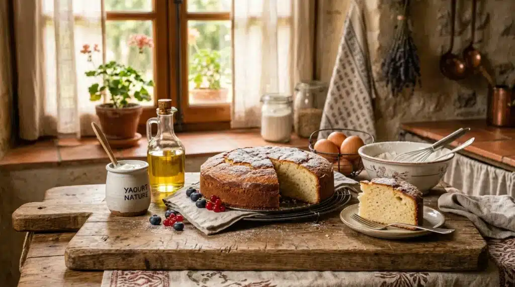 Gâteau tranché avec œufs, yaourt et huile sur table rustique