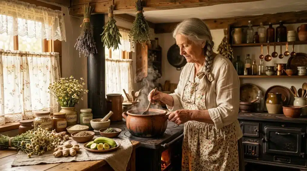 Femme âgée cuisinant dans une cuisine rustique avec herbes