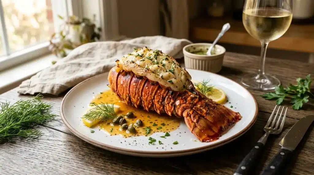 Homard cuit garni avec sauce, herbes fraîches et verre de vin blanc.