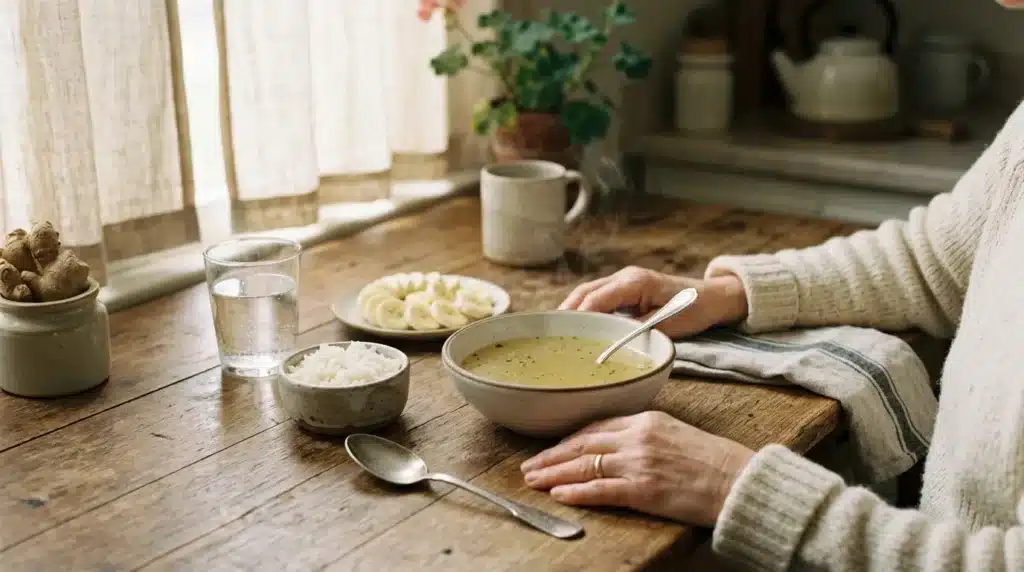 Personne dégustant une soupe à table avec fenêtre ensoleillée