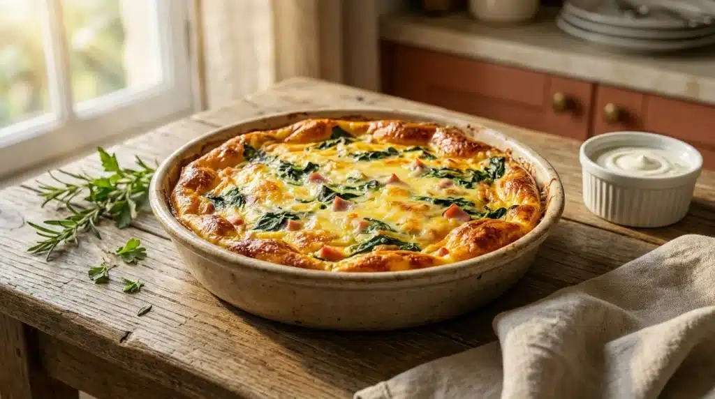 Omelette cuite au four avec épinards, bacon et fromage doré