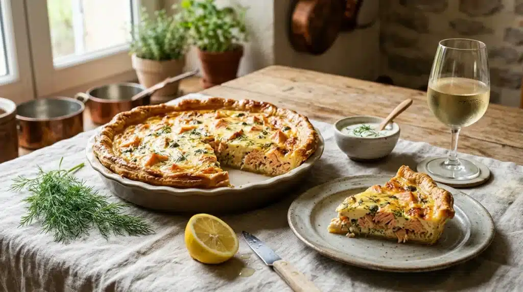 Pâté en croûte servi avec vin blanc et herbes fraîches