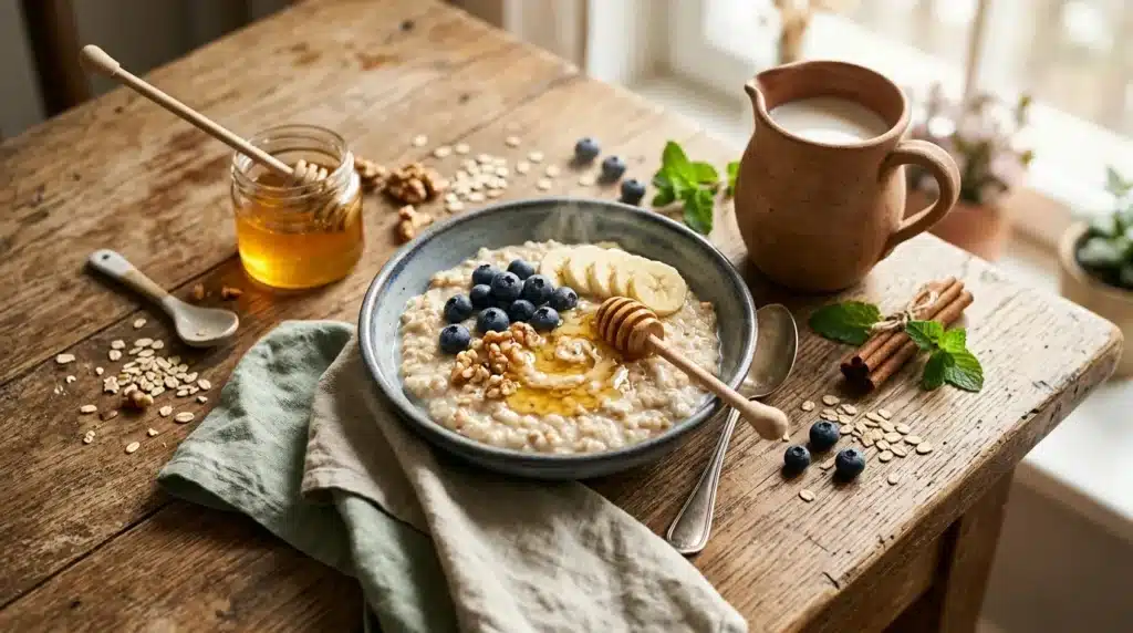 Bol de porridge avec myrtilles, miel et fruits secs