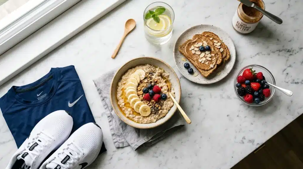 Petit-déjeuner équilibré avec porridge, toast et fruits frais