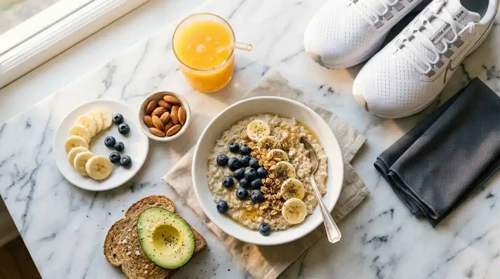 Petit-déjeuner équilibré avec porridge, fruits, jus et baskets blanches