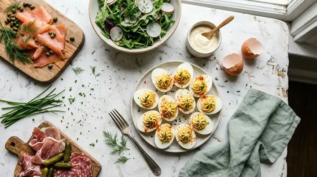 Assiette d'œufs farcis, charcuterie, saumon et salade verte