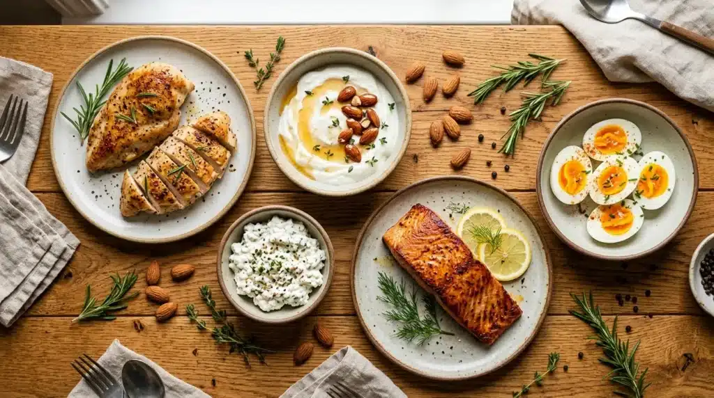 Assiettes avec poulet, saumon, œufs, fromage blanc et amandes