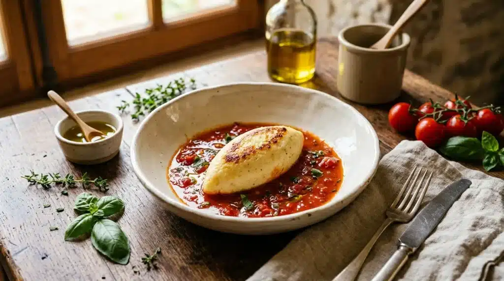 Filet de poulet doré sur sauce tomate avec herbes fraîches