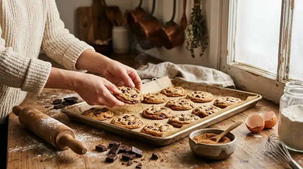 Mains préparant des cookies aux pépites de chocolat en cuisine