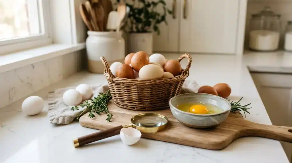 Panier d'œufs avec herbes et bol sur plan de travail