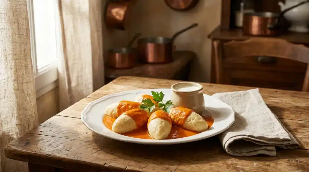 Assiette de quenelles avec sauce caramel et persil frais