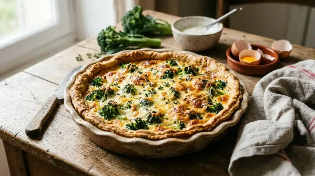 Quiche cuite au brocoli frais sur table rustique