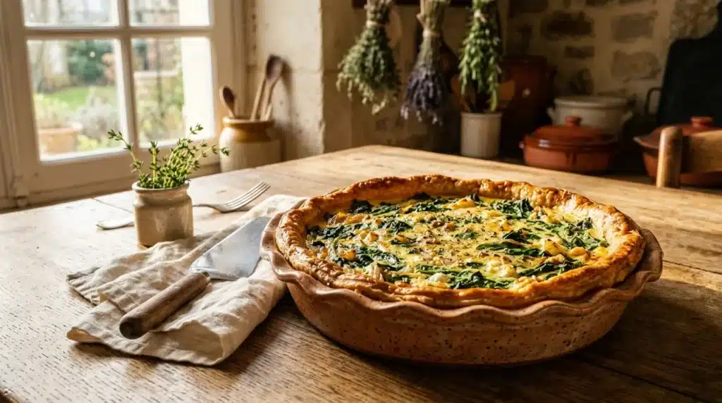 Quiche garnies d'épinards et herbes fraîches sur table bois