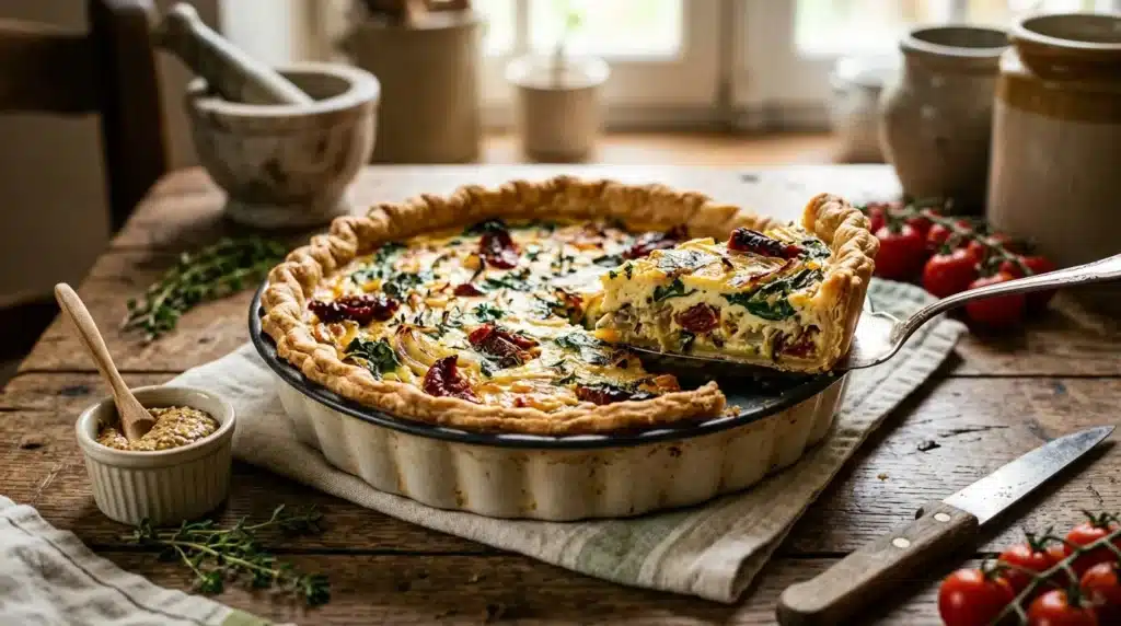 Quiche dorée aux épinards, tomates et herbes fraîches