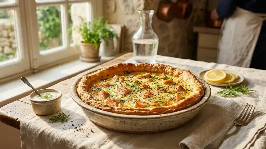 Quiche dorée garnie d'herbes fraîches sur table ensoleillée