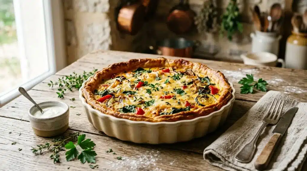Quiche cuite dans un plat blanc avec légumes et herbes fraîches