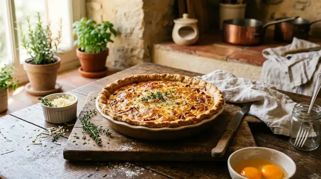 Quiche dorée sur planche bois, cuisine rustique, herbes fraîches