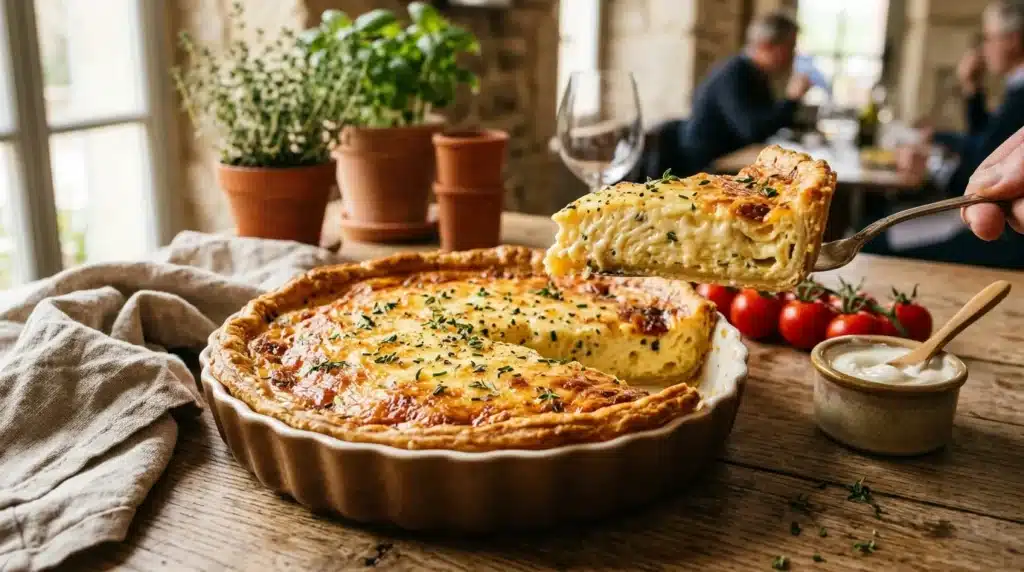 Quiche dorée aux herbes avec sauce, tomates et décoration végétale
