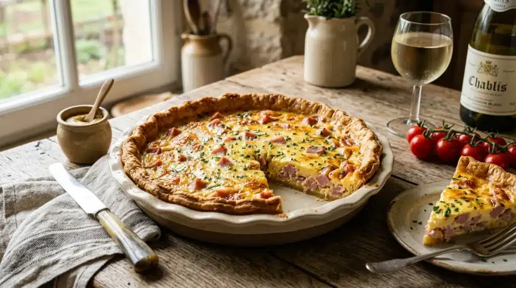 Quiche aux lardons servie avec verre de Chablis blanc