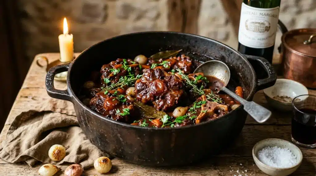 Ragoût de bœuf en cocotte avec légumes et herbes aromatiques