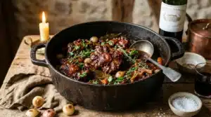 Ragoût de bœuf en cocotte avec légumes et herbes aromatiques