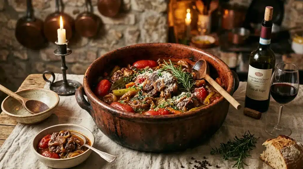 Plat mijoté traditionnel avec vin rouge et ambiance chaleureuse