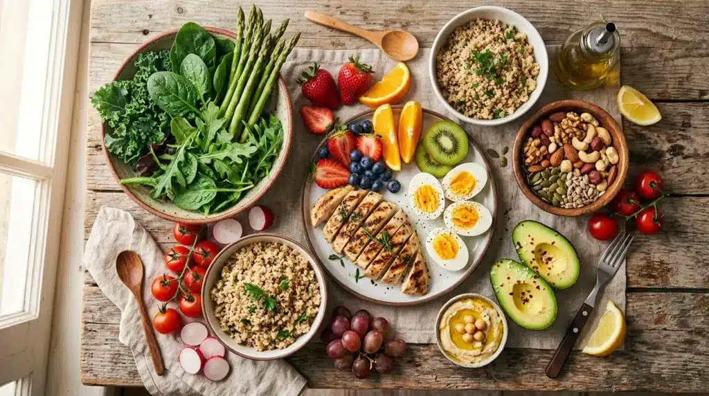 Plateau alimentaire sain avec légumes, fruits, protéines et céréales