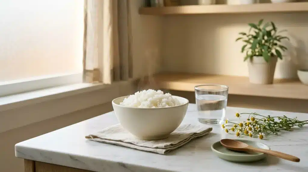 Bol de riz blanc sur table avec verre d'eau et fleurs