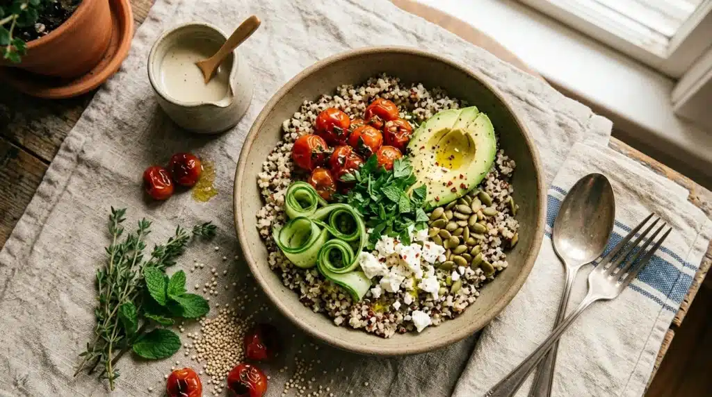 Bol de quinoa avec avocats, tomates et légumes frais