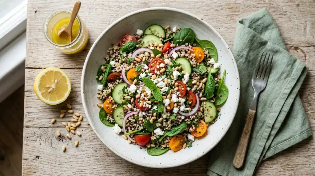 Salade colorée avec quinoa, légumes frais, feta et vinaigrette citron