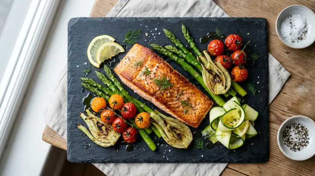 Filet de saumon cuit avec asperges, tomates et courgettes sur ardoise