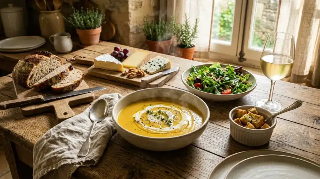 Repas gourmet avec soupe, fromage, pain et salade verte