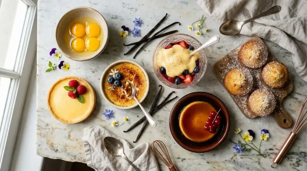 Assortiment de desserts gourmet avec fleurs décoratives sur marbre